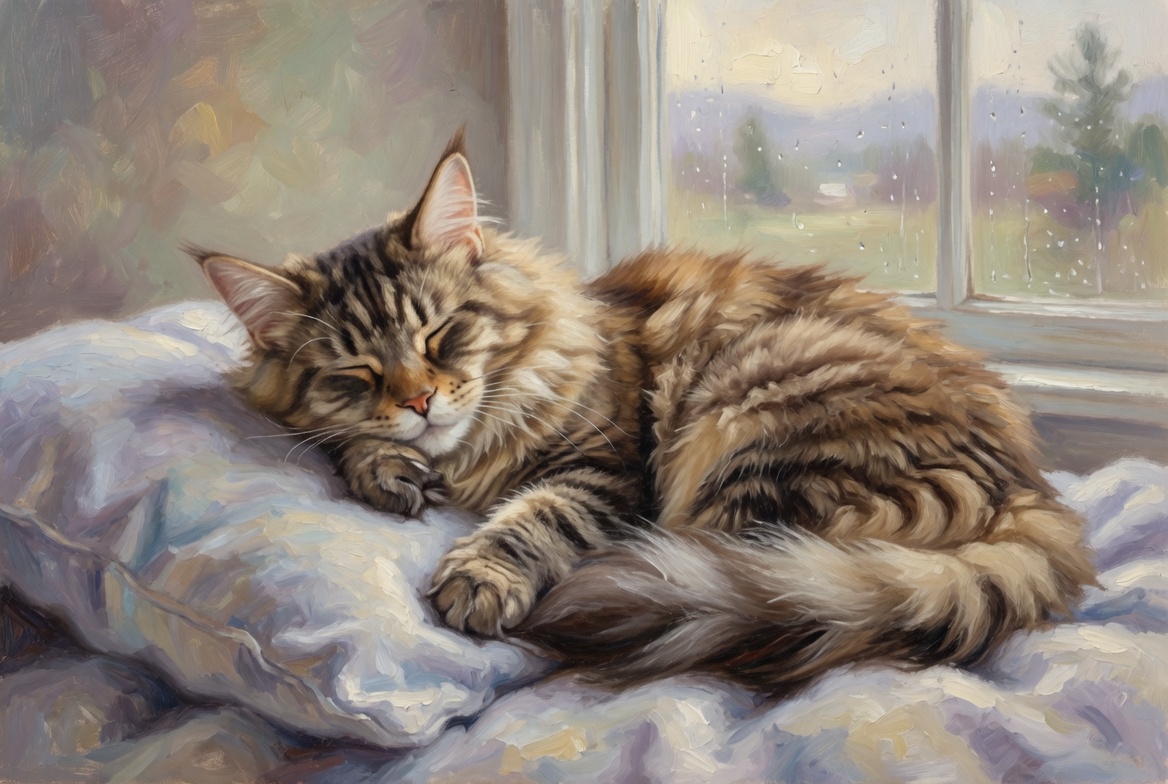 Maine Coon cat sleeping by window